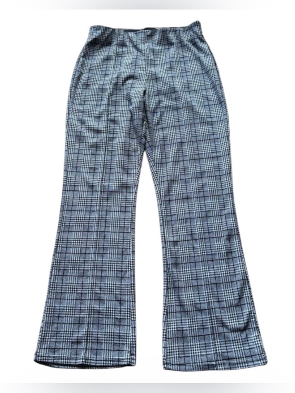 Maze Collection Plaid High Rise Kick Flare Pull On Pants Gray scuba knit Sz XL